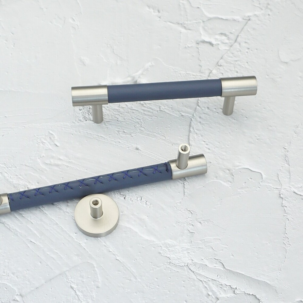 MFYS Navy Blue Leather & Brushed Nickel Cabinet Handle Wardrobe Pull Drawer Pull