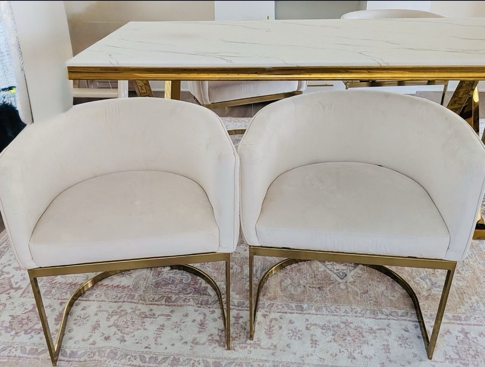 Modern Marble Dining Table Set Gold Base Upholstered Chairs White Rectangular 6