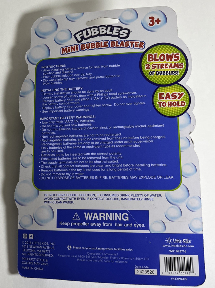 Fubbles Mini Bubble Blaster & Solution-Ages 3+ NEW