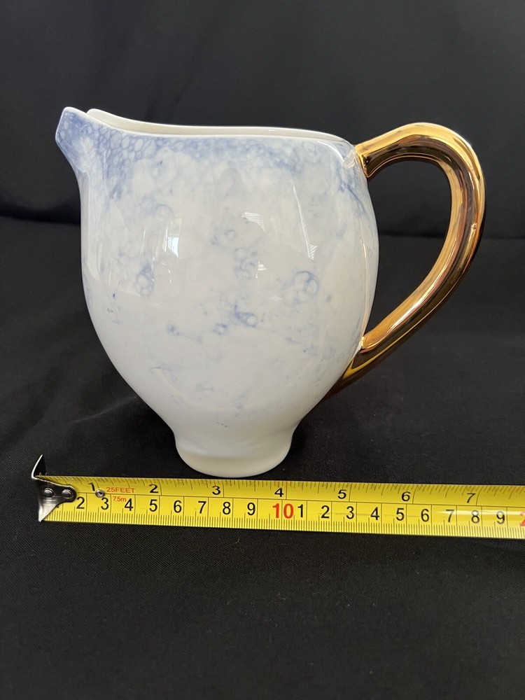 Anthropologie Eleodora Pitcher Blue & White Gold Handle