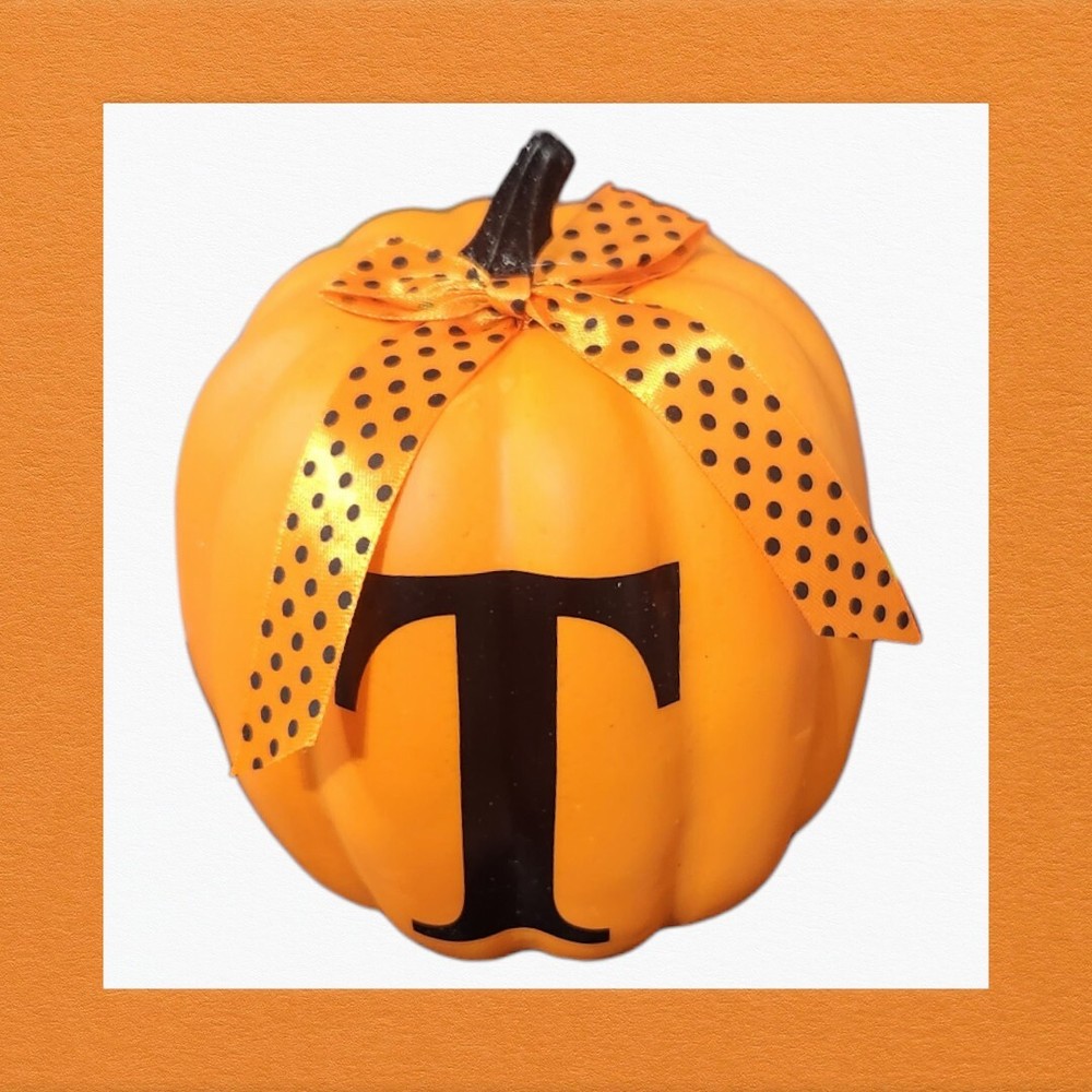 Small Home Decor Pumpkin "T" Initial With Bow 6 Inch Long. Thanksgiving