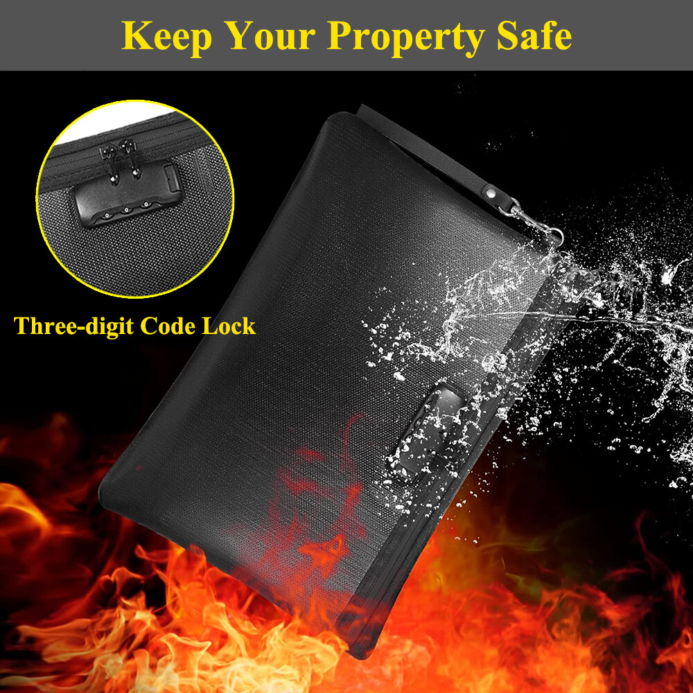 Fireproof Document Bag with Lock Money Pouch Waterproof Secure Zipper Closure