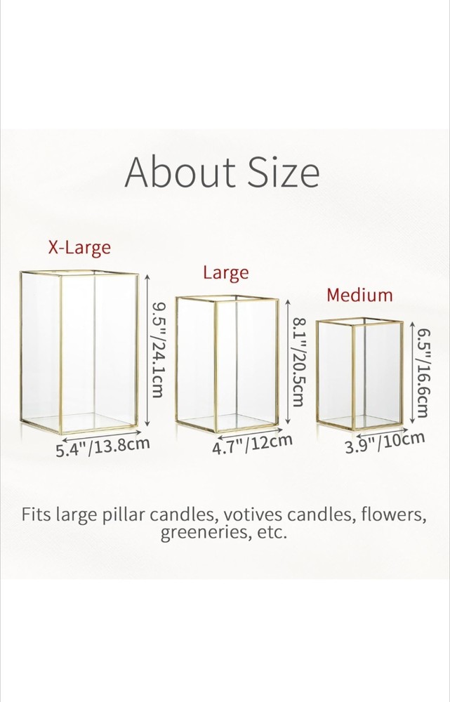 Glass Hurricane Candle Holder: 3 Pcs Gold Large Rectangular Lantern