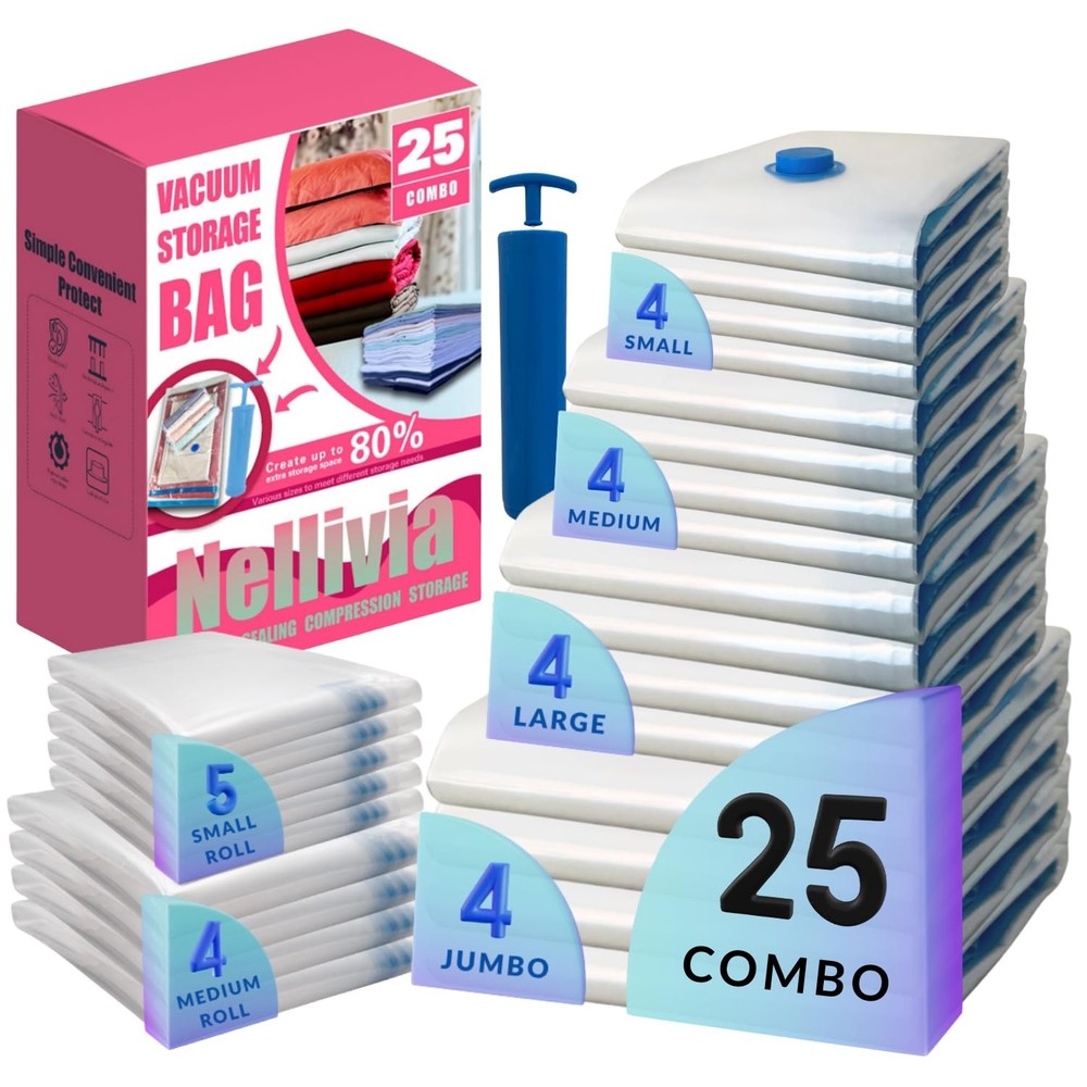 25 Pack Vacuum Storage Bags with Pump, Compression Space Saver for Comforter,...