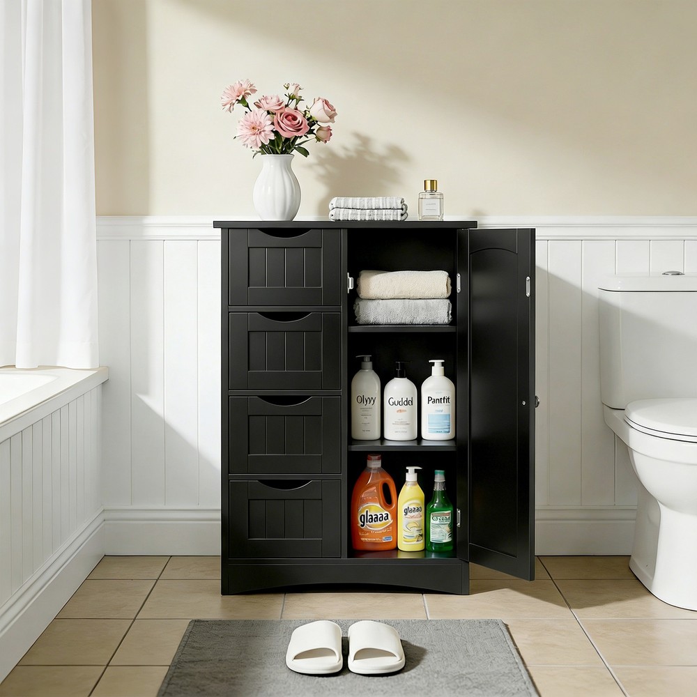 Black Bathroom Storage Cabinet with Adjustable Shelf Floor Storage Cupboard