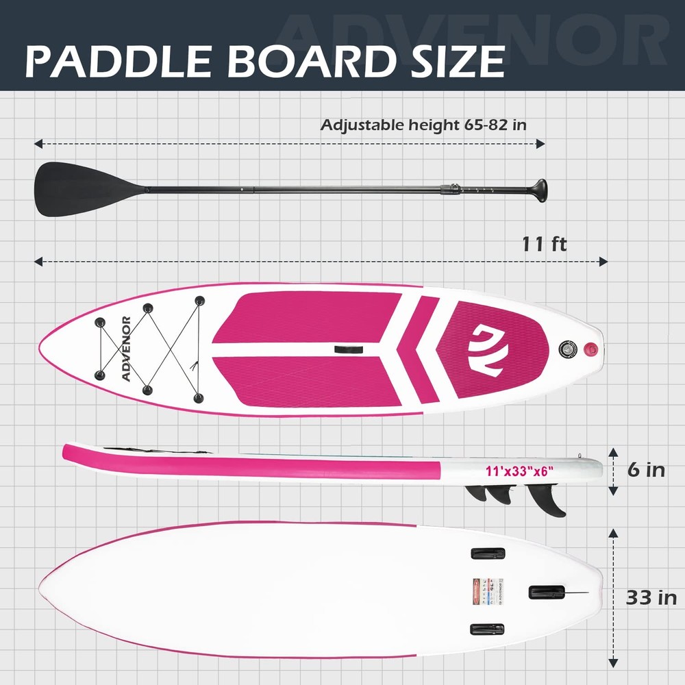 ADVENOR 11' Inflatable SUP Paddle Board Kit: Backpack, Paddle, Pump, Leash (Pink