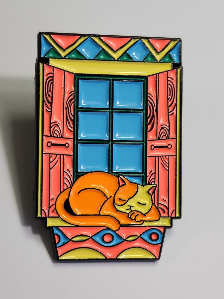 Cat Sleeping On Window Sil Lapel Pin Florescent Colors