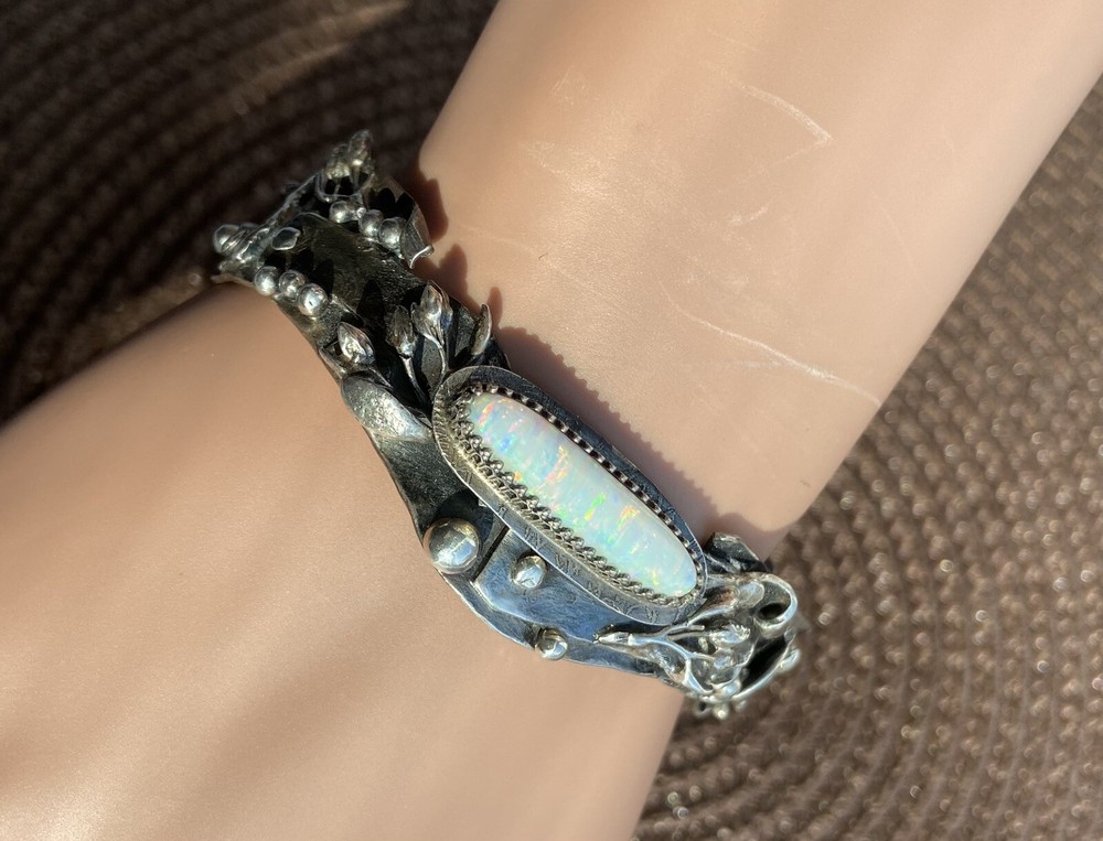 7" SIGNED STERLING WHITE LAB CREATED OPAL ARTSY TWIG LEAF CUFF BRACELET