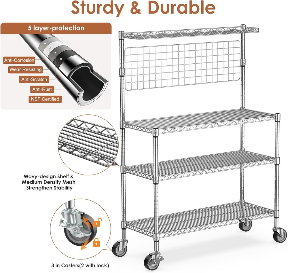 Baking Rack with Storage Wheels, 42-Inch Microwave Stand Kitchen Shelving Unit