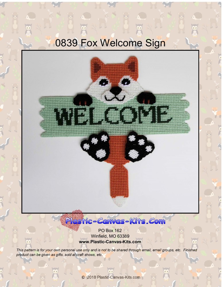 Fox Welcome Sign- Plastic Canvas Pattern or Kit