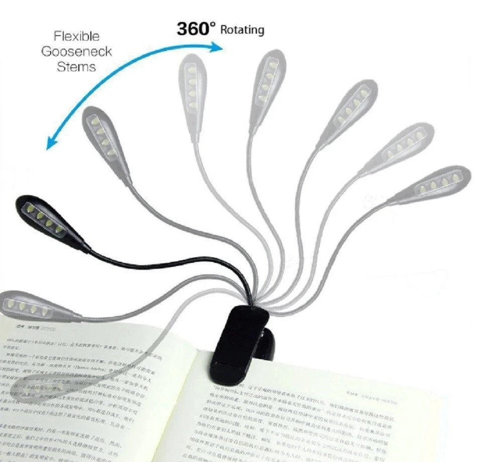 Clip On LED Reading Light Battery Powered Flexible Lamp for Book Laptop eReader