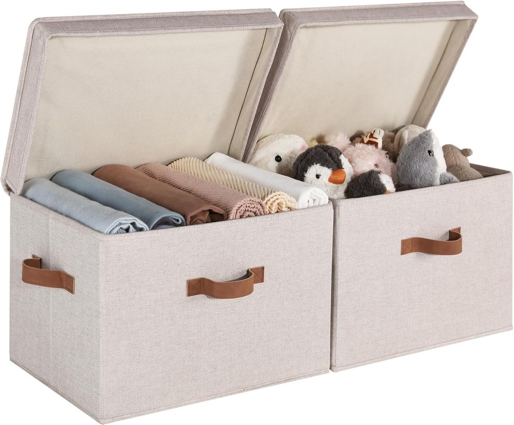 Jumbo Fabric Storage Bins with Lid, Brown/Beige, 2-Pack