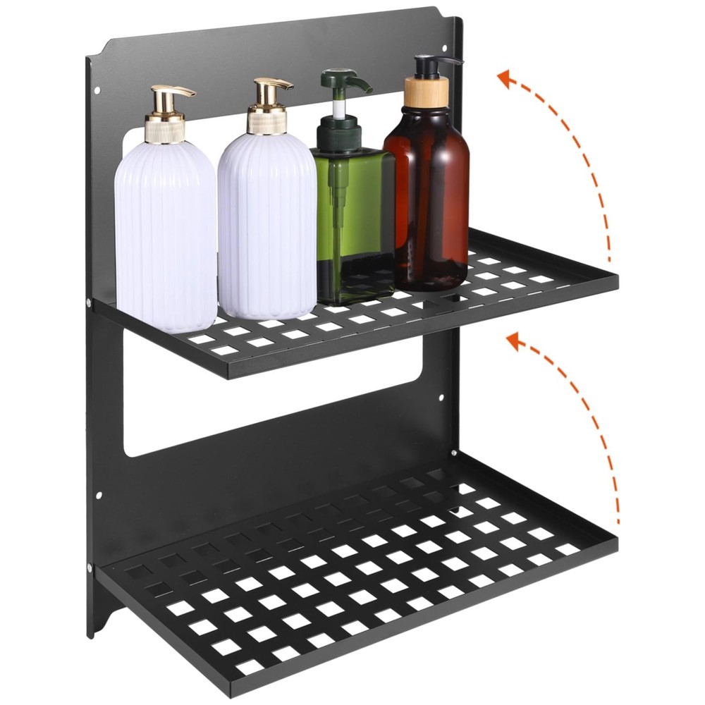 2-Tier Folding Metal Wall Shelf, Foldable Wall-Mounted Rack, Space-Saving Dou...