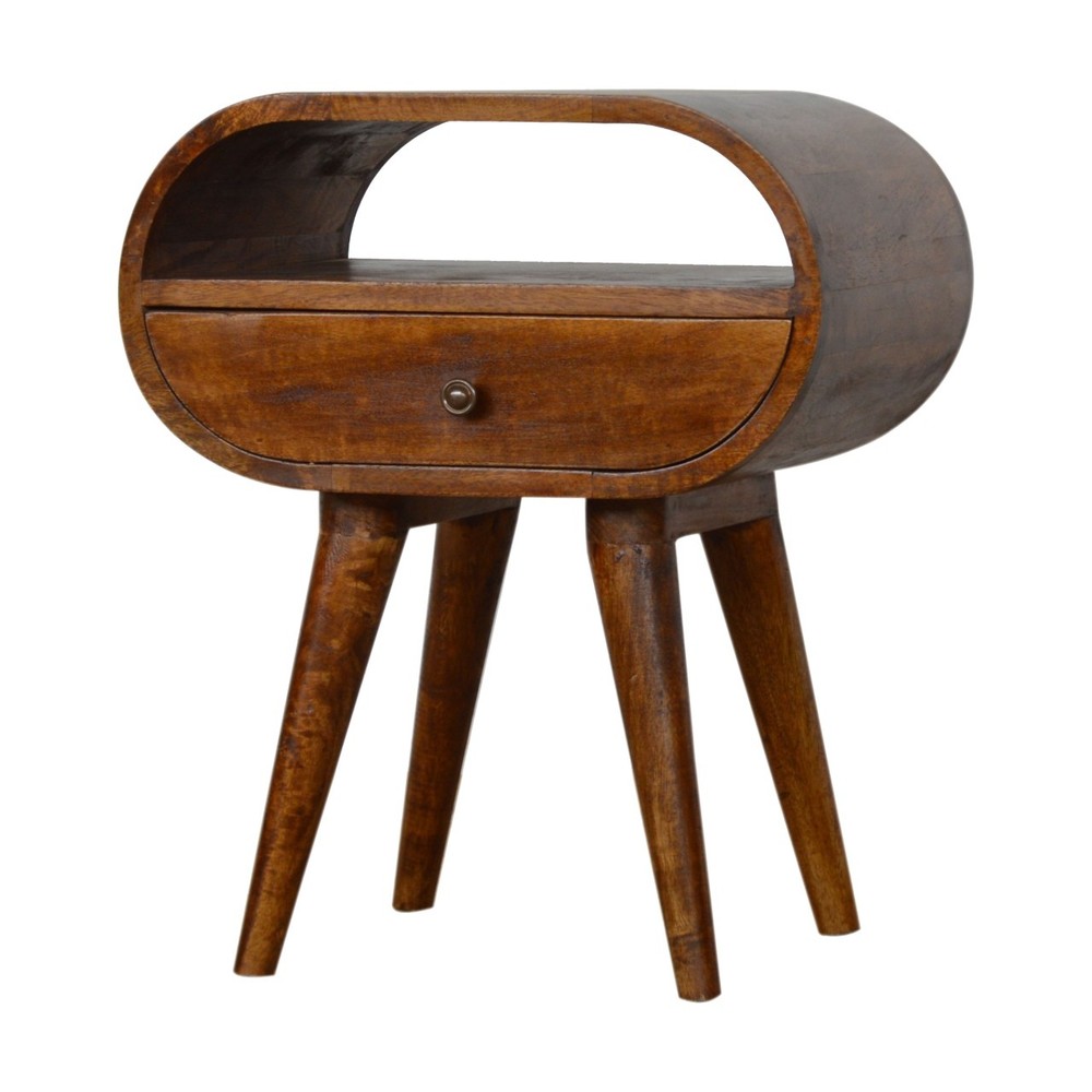 Chestnut Solid Wood Nightstand, Circular Open Bedside Table, 1 Drawer, Mango