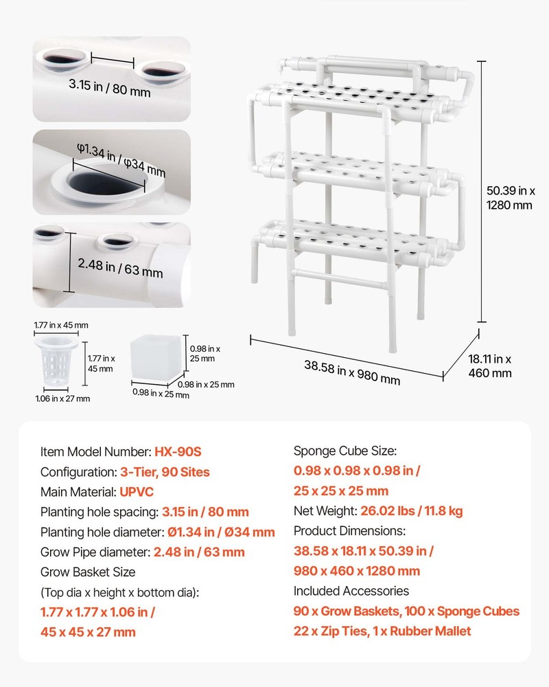 VEVOR UPVC Hydroponics Growing System Kit 3-Tier 90 Sites Sun & Light Blocking
