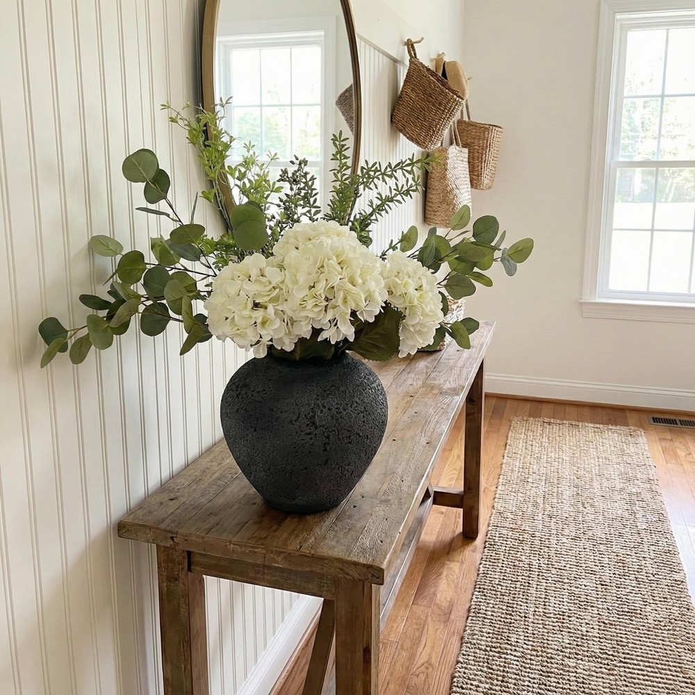 Faux Arrangement - Eucalyptus & White Hydrangea Flowers, Large Artificial Flo...