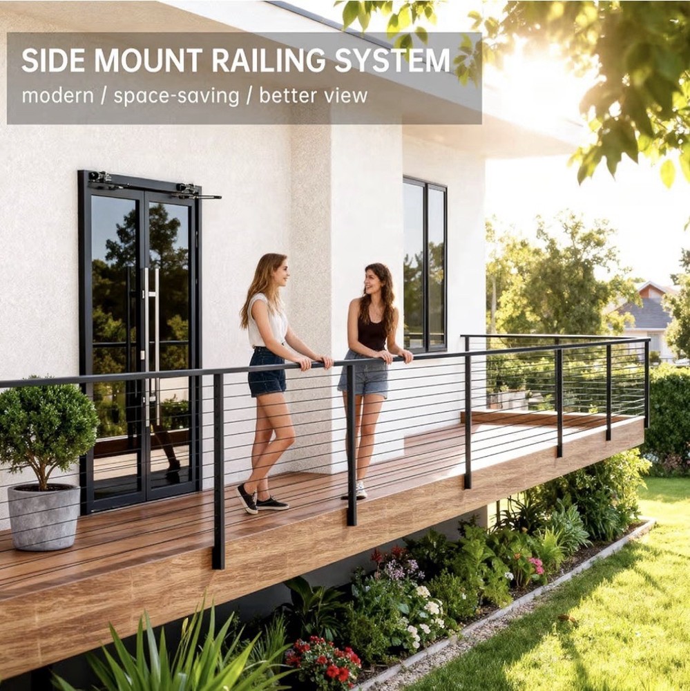 Gyykzz 42” Black Side Mount Cable Railing Kit 3 Posts 154ft Cable New, Open Box