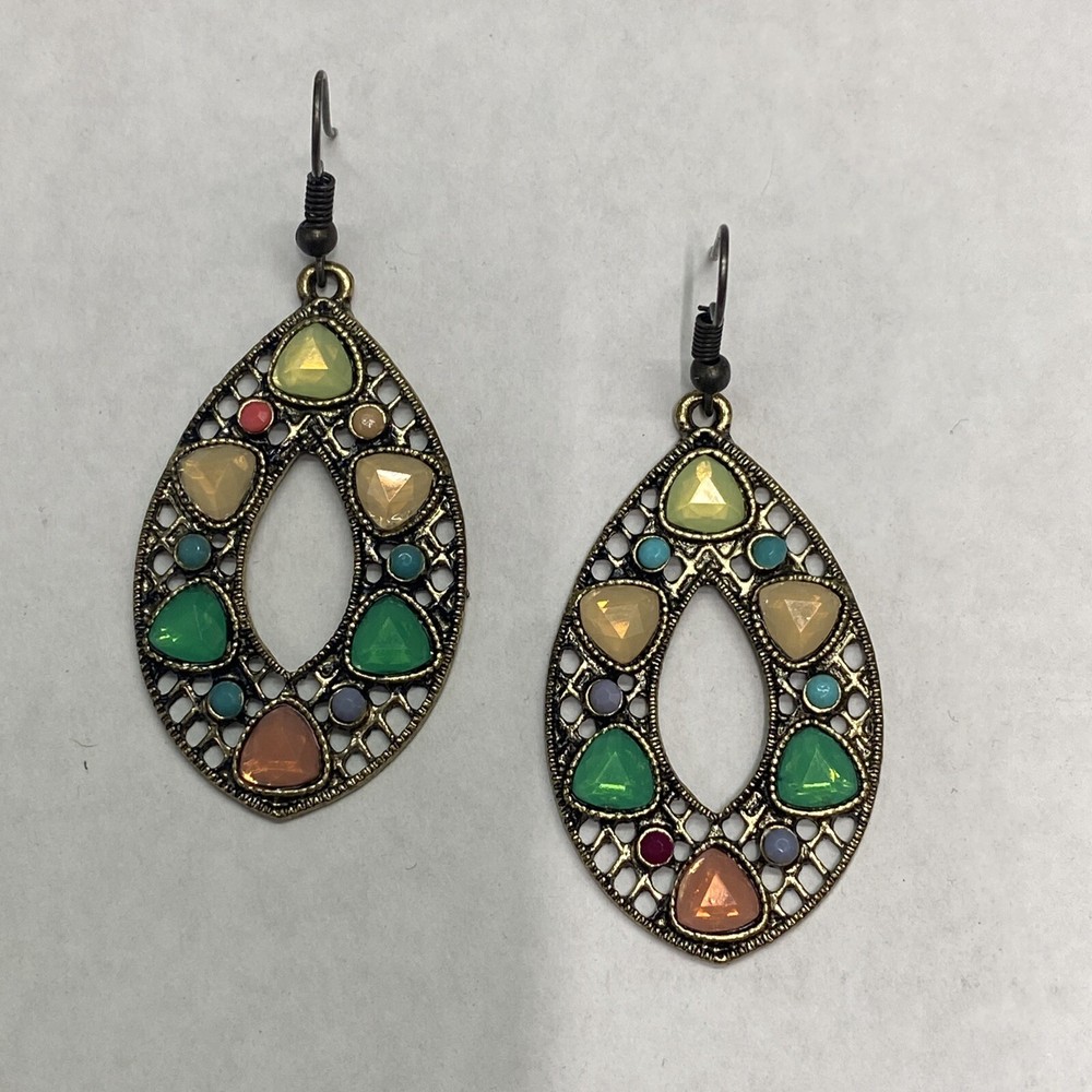 Vintage Brass Multicolor Gem Dangle Teardrop Earrings