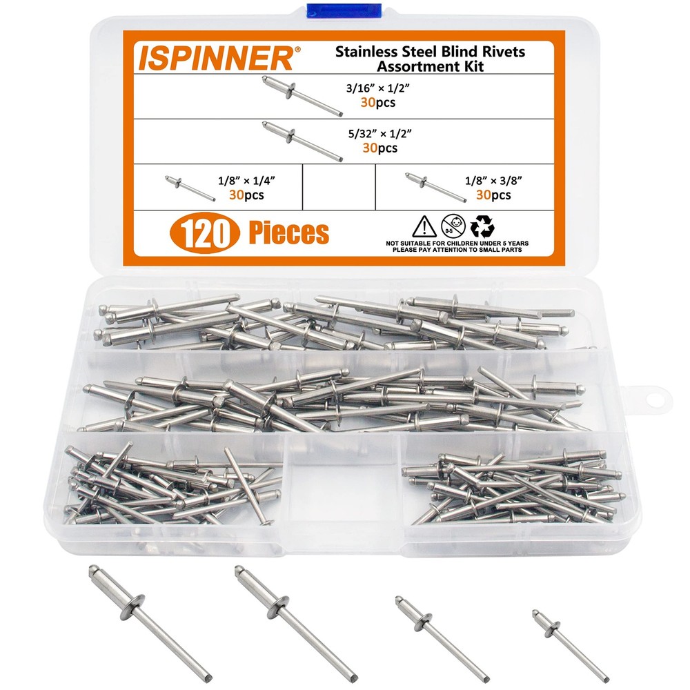 ISPINNER 120pcs 304 Stainless Steel Blind Rivets, Pop Rivets Assortment Kit