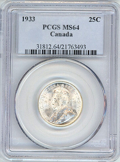 1933 Canada silver 25 cents PCGS MS64