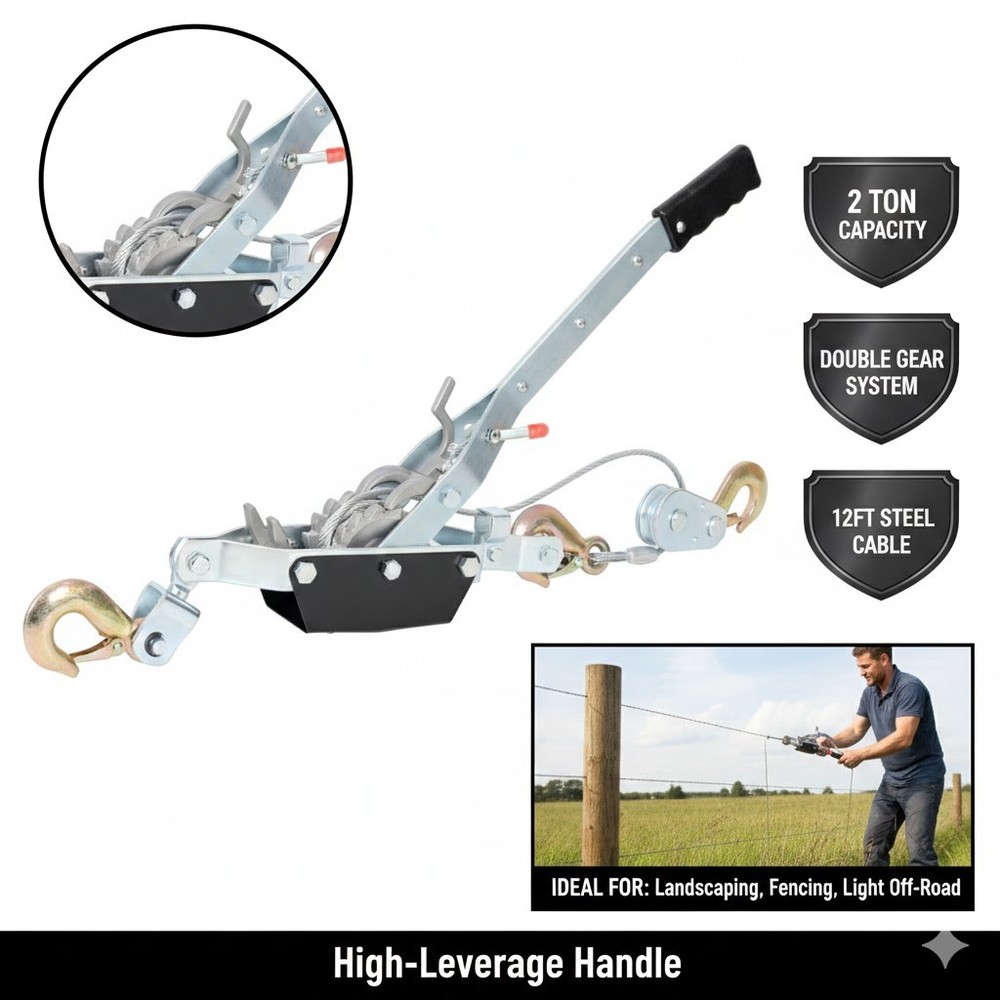 2T Hand Winch Puller Double Gear 3 Hooks 12FT Steel Cable Power Ratchet Puller