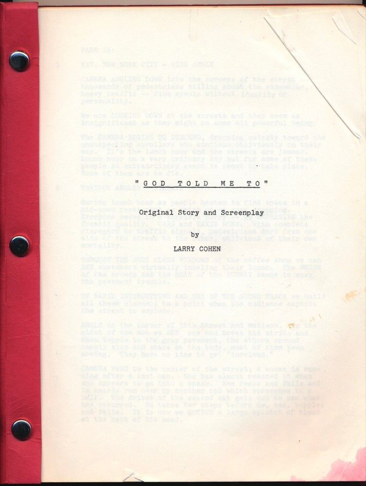 SAM LEVENE Original 1976 Final Script GOD TOLD ME TO Larry Cohen Screenplay