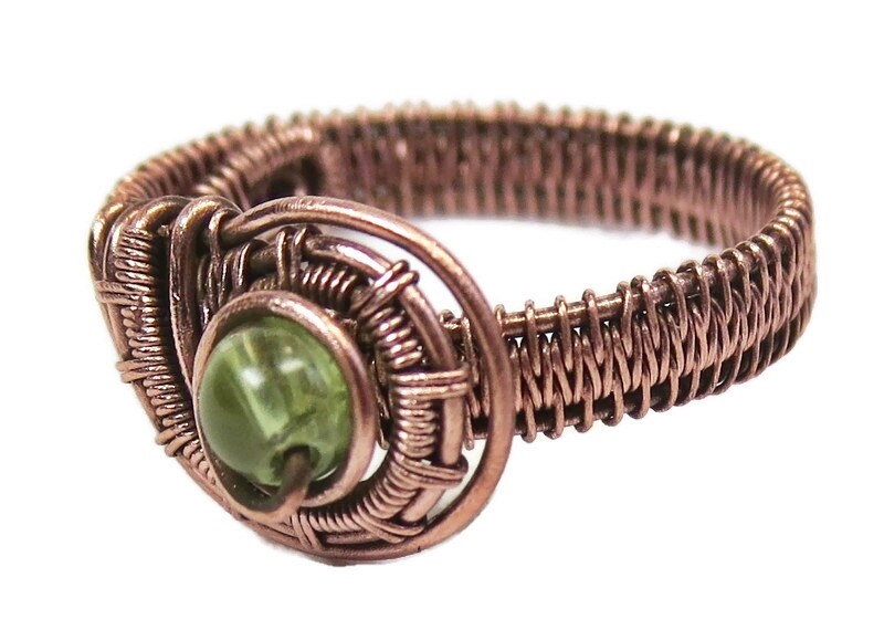 Peridot Adjustable Ring, Woven in Copper Wire