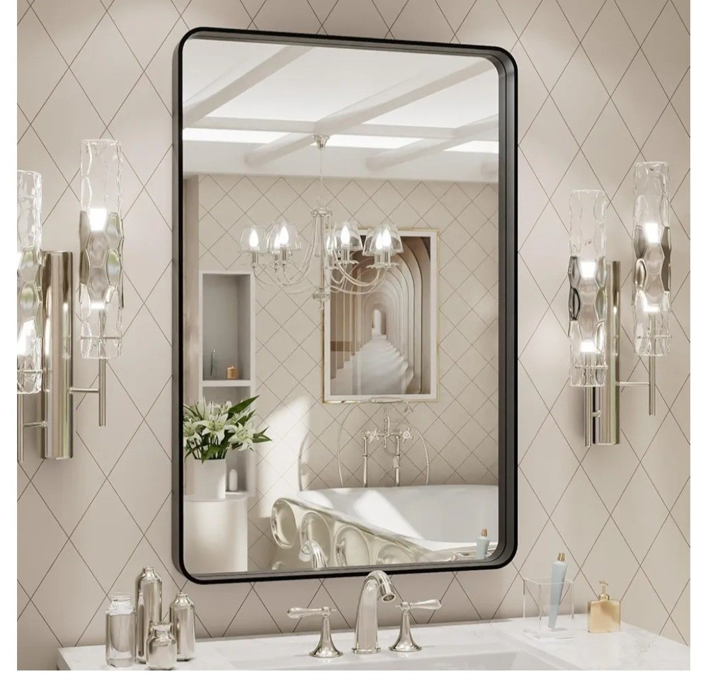 Black Metal Framed Rectangular Mirror For Wall