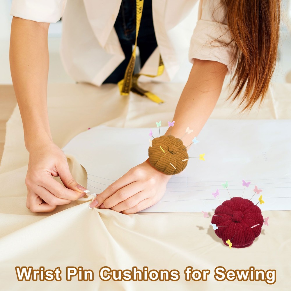 Wrist Pin Cushions Needle Cushion Adjustable Strap with Finger Ring Maroon/Blue