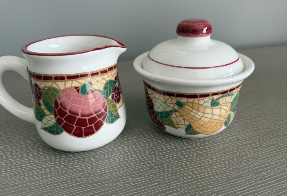 Pier One Mosaic Fruit pattern cream and sugar set, earthernware made in Italy
