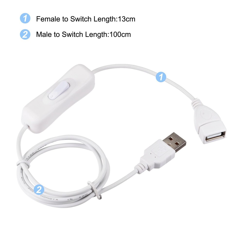 USB Cable with ON/OFF Switch Extension Cable 1M White 2pcs