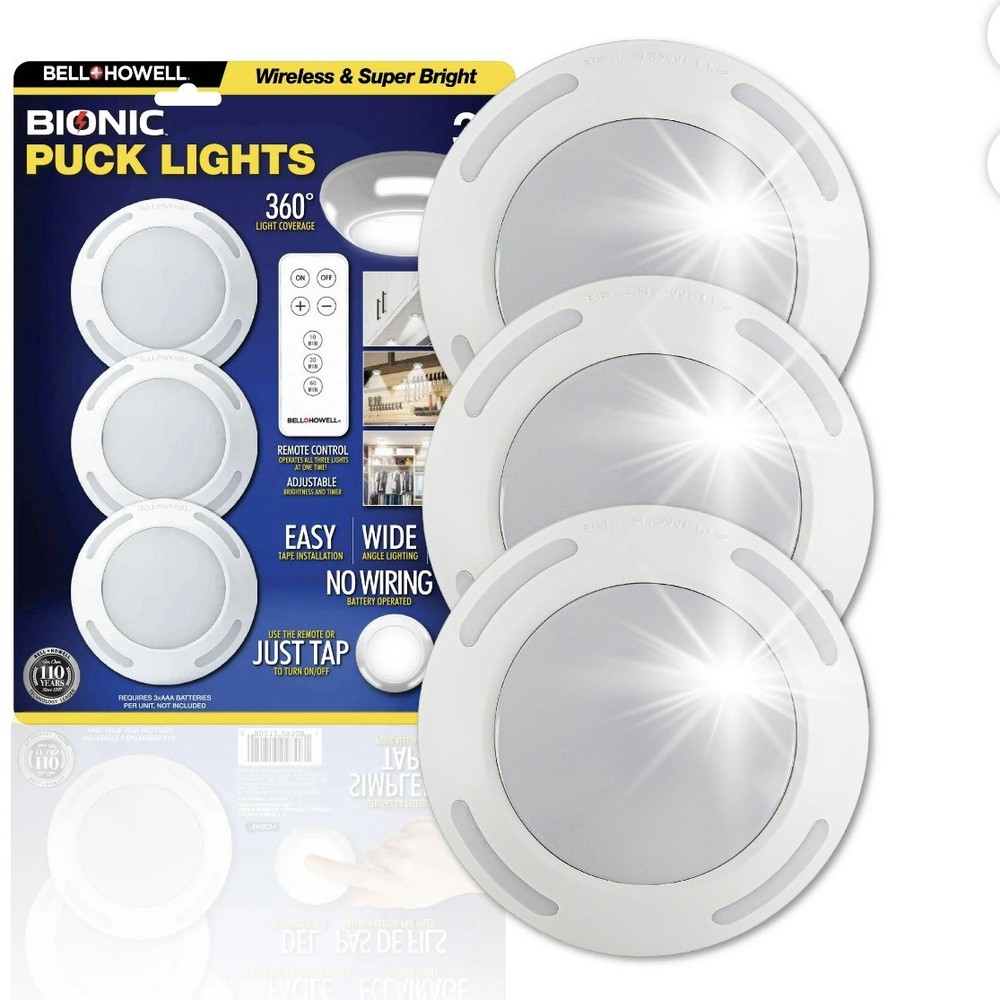 Bell And Howell Bionic Puck Lights 3 Pack LED W Remote Control wireless timer