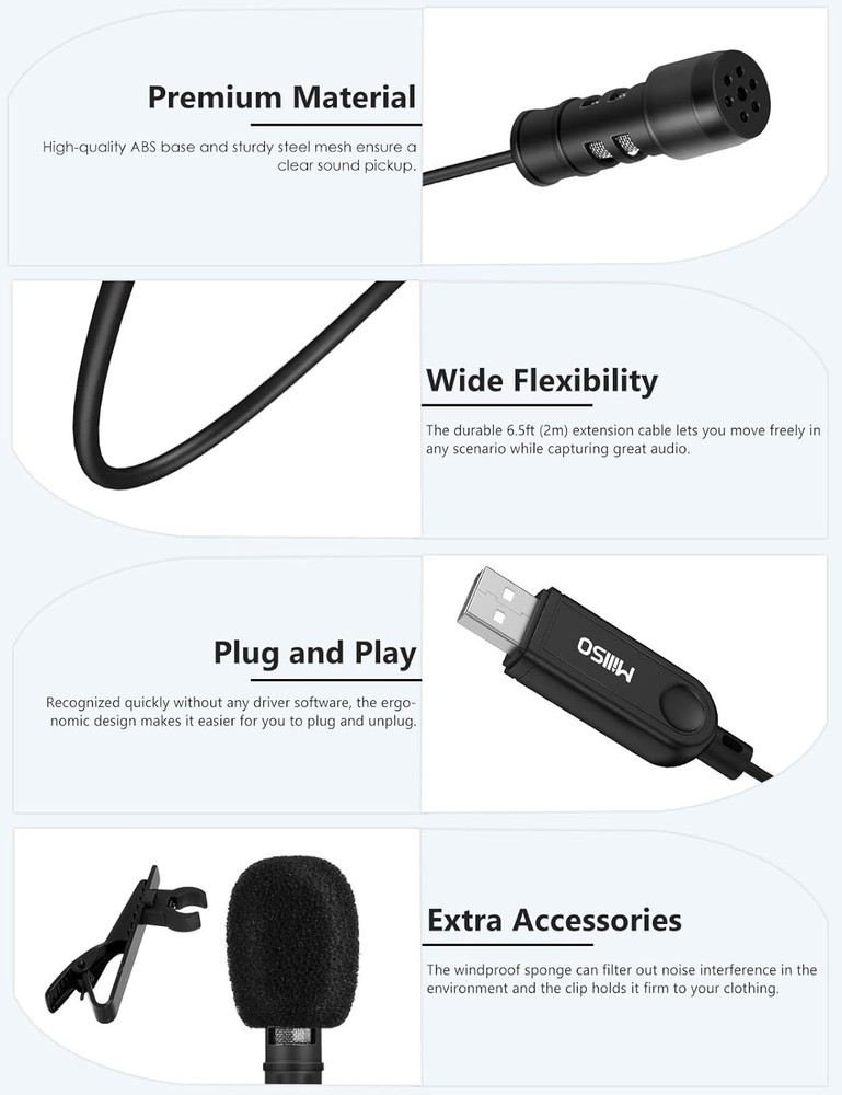 USB Omnidirectional Lavalier Microphone 2M Plug & Play for PC/Mac US