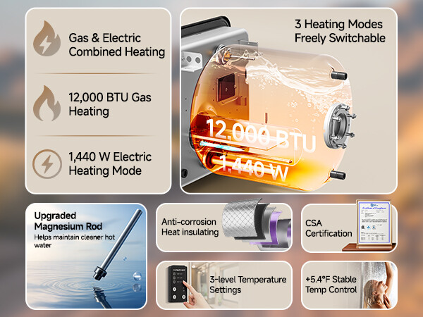 10 Gallon RV Tank Water Heater Electric 1440W Propane 12,000 BTU w/ Door+Remote