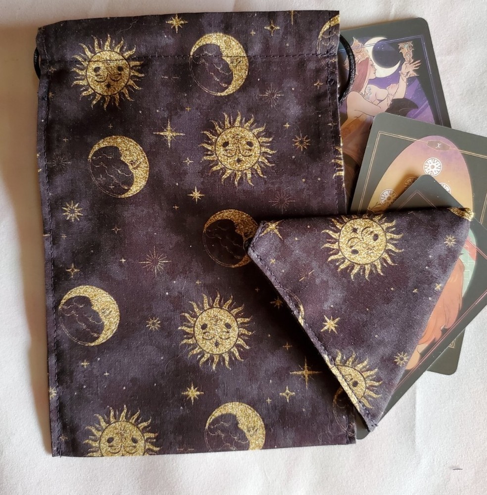 Tarot Card Drawstring Bag Handmade Moon Sun with Beads PLUS Crystal Pouch