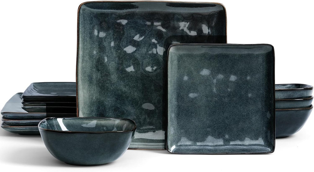 Dinnerware Sets for 4, Ocean Square 12-Piece Kitchen Plates and Bowls Sets, Reac