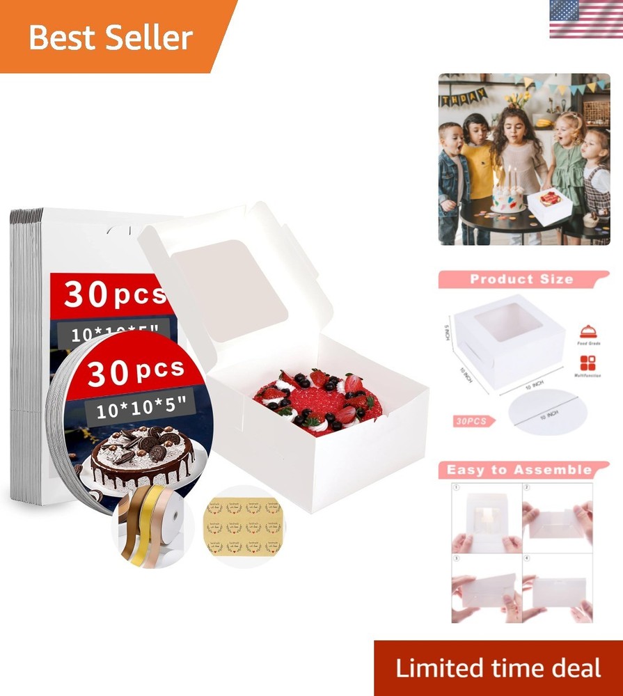 Deluxe 30 Cake Boards and Boxes Set - 10x10x5 Clear Window Bakery Solution