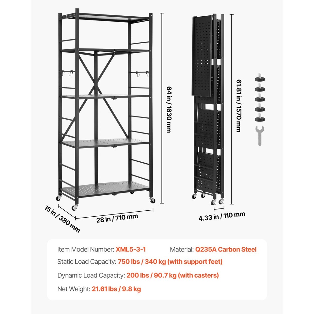 5-Tier Metal Rolling Shelf Black Space-Saving Storage Unit