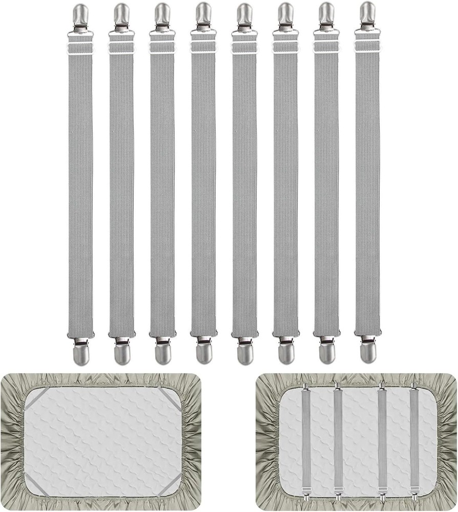 8pcs Adjustable Grey Bed Sheet Clips - Versatile Elastic Fasteners for Comfort