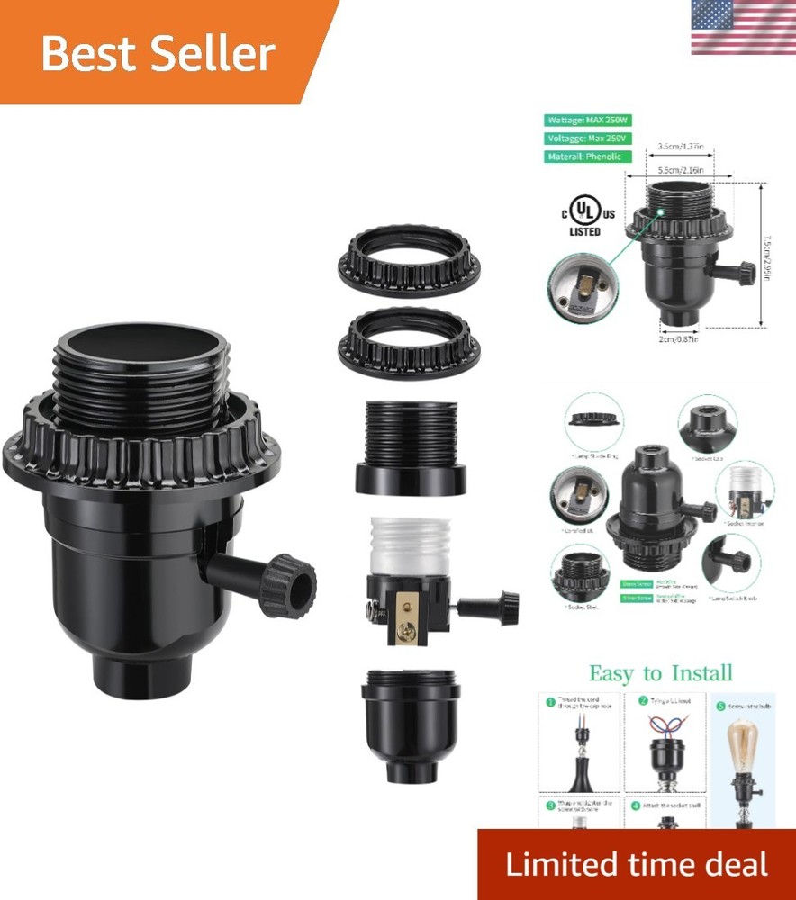 Durable E26 Light Socket with ON/OFF Switch & Shade Ring - Black Phenolic Finish