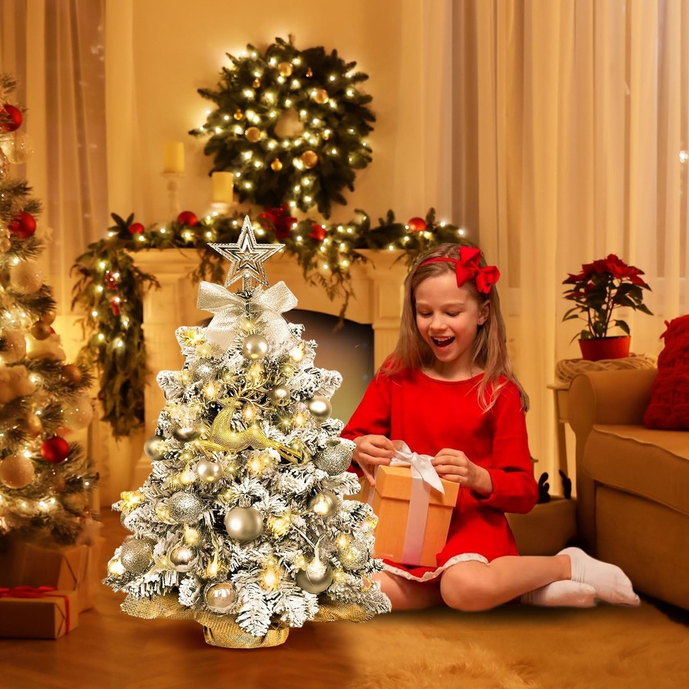 Mini Christmas Tree-with Lights,2ft Pre Lit Artificial Small Christmas Tree S...