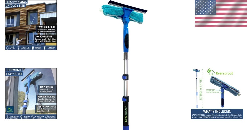 Extendable Window Scrubber & Squeegee Kit, 13ft , 7 Angles, Reusable Microfiber