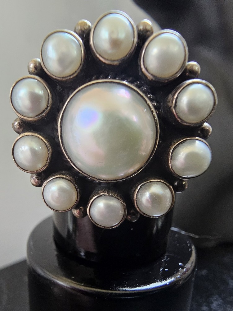 Dan Dodson Sterling Silver Mabe Pearl Halo Statement Ring Adjustable Signed...