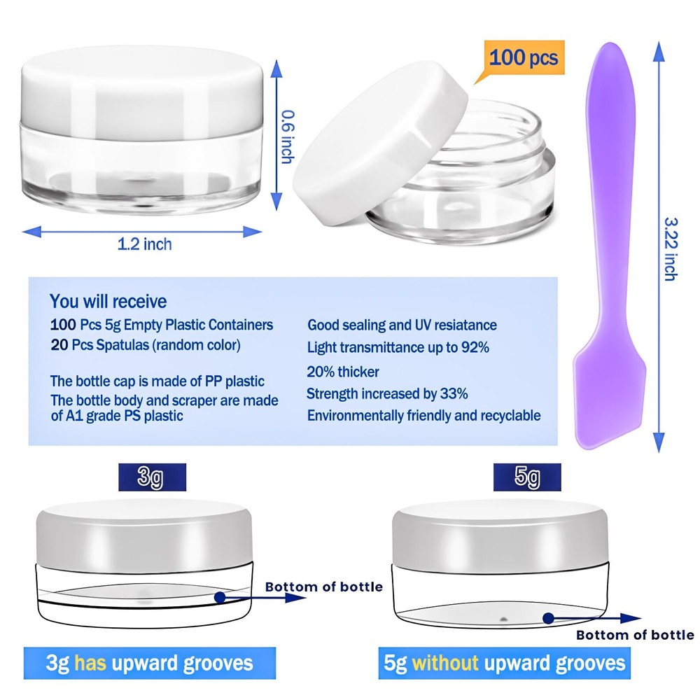 100-Pack 5g Plastic Jars with Lids - Clear Cosmetic Containers for Makeup