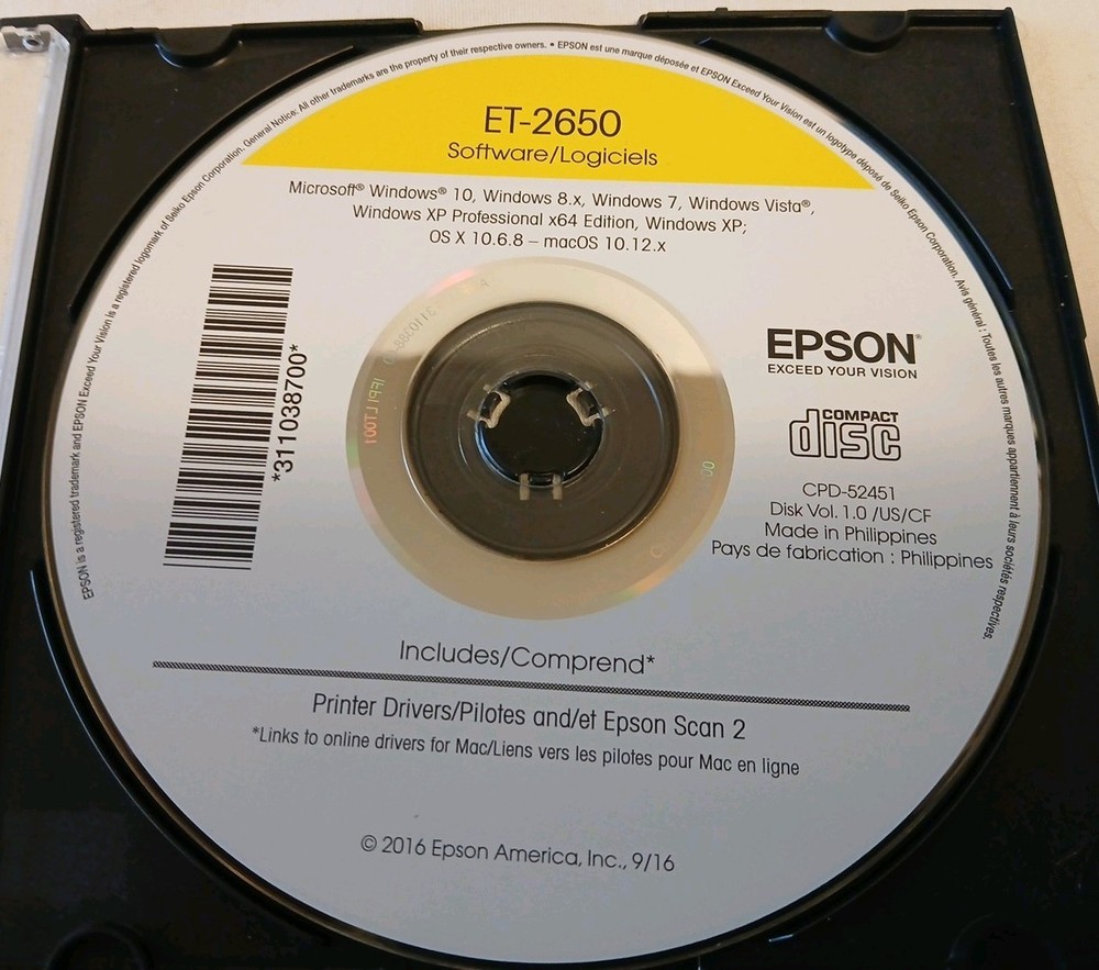 Epson ET-2650 Printer Software & Drivers Disc CD Windows Mac