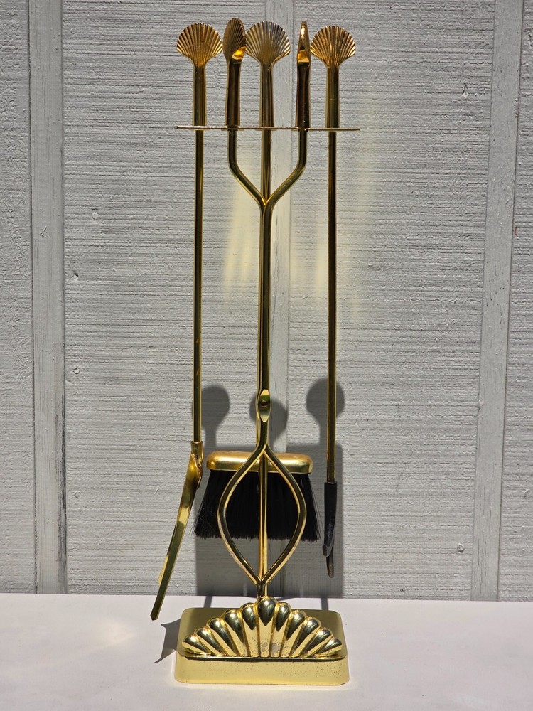 FIREPLACE TOOL SET 5 PIECE VINTAGE Brass Seashell Clam Shell 80’s Art Deco