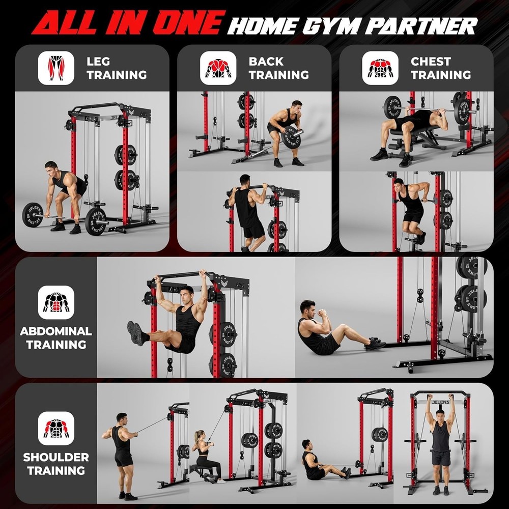 Power Rack Cage, Weight Rack with Dual Pulley Cable Crossover Machine,Multi-Func