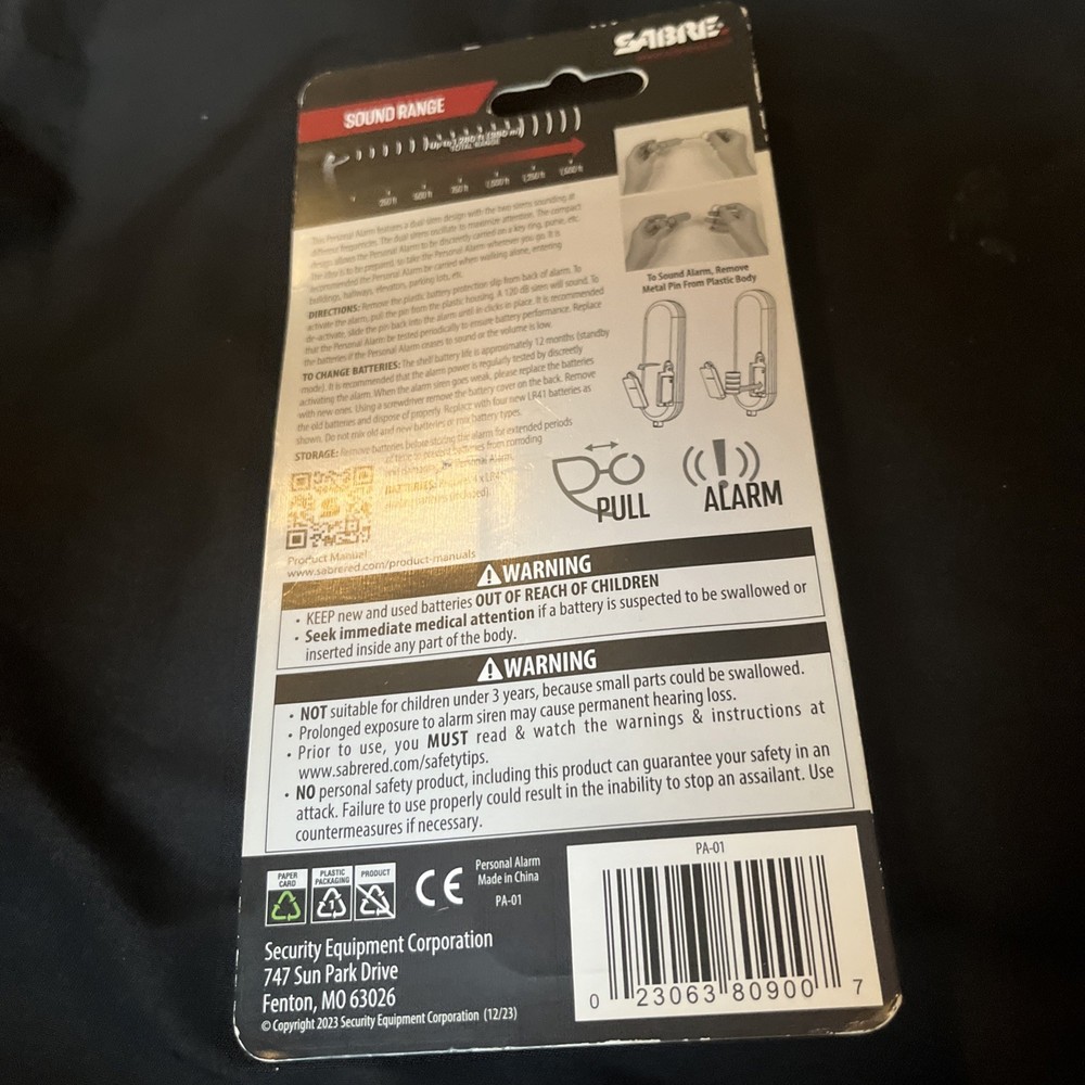 Sabre Black Plastic Personal Security Alarm PA-01