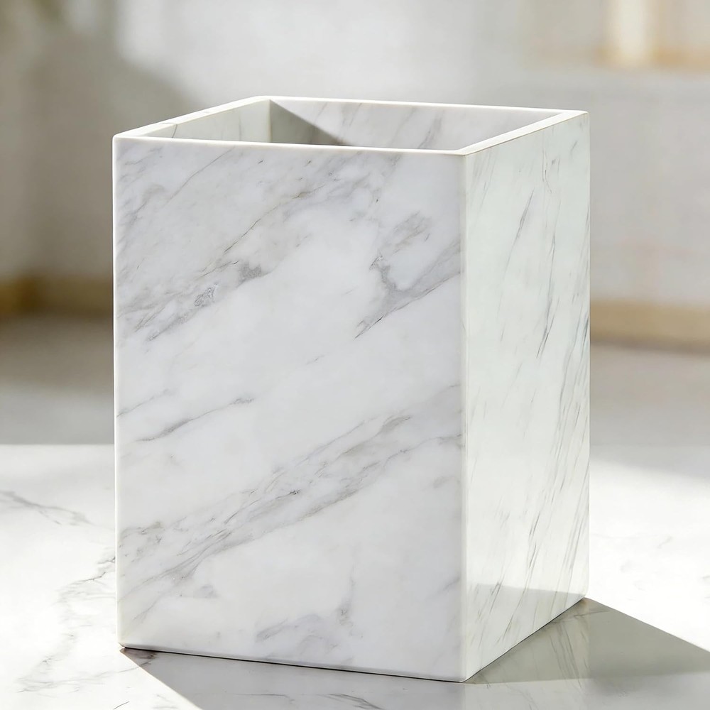 Natural White Marble Wastebasket Elegant Texture Rectangular Trash Can Luxury