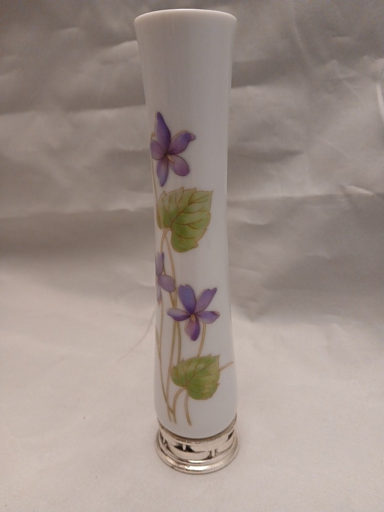 White Ceramic With Violets Bud Vasr W/ Mental Base